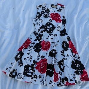 Kate Mack White Fit-and-Flare Floral Dress with Red & Black Blooms
